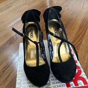 BONGO Black Suede Mary J T-Strap Bow Heels